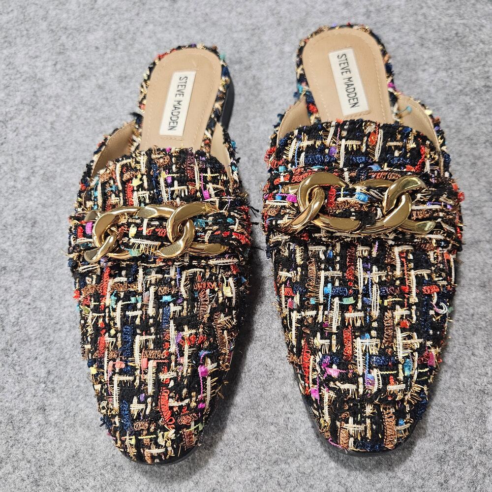 Steve Madden Cassady Tweed Chain Flat Mule Loafers Size 9M